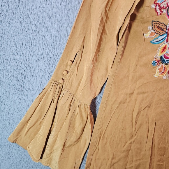 NEW Savanna Jane Top Blouse Women Small Embroidered‎ V-Neck Brown Yellow - Picture 4 of 8